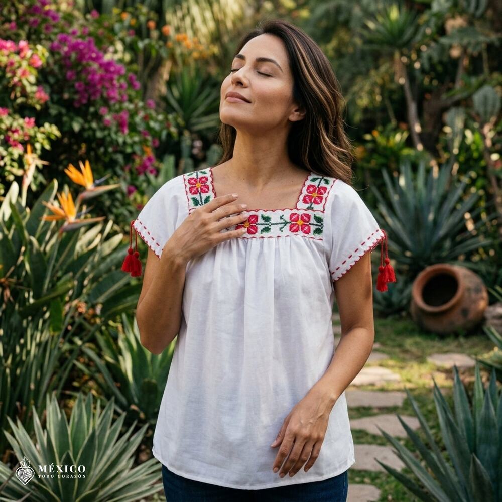 Girls Mexican Embroidered Blouse – Traditional Floral Folk Top with Pom Poms